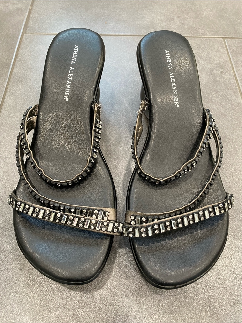 Athena Alexander Black Rhinestone Studded Double-Strap Slide Sandals